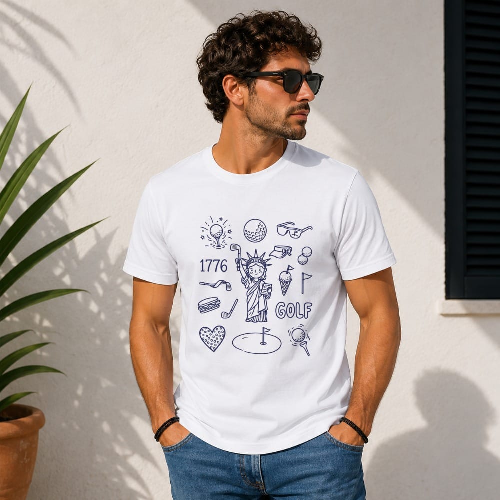 Man in white t-shirt with Statue of Liberty and golf doodles.