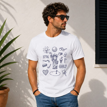 Man in white t-shirt with Statue of Liberty and golf doodles.
