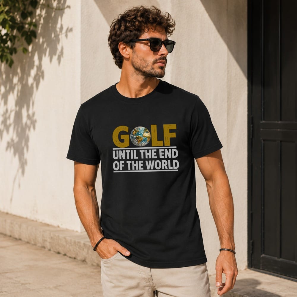 Black t-shirt with "GOLF UNTIL THE END OF THE WORLD" and globe graphic.