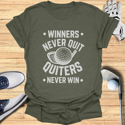 Green t-shirt with white text "Winners Never Quit Quitters Never Win" and golf imagery.