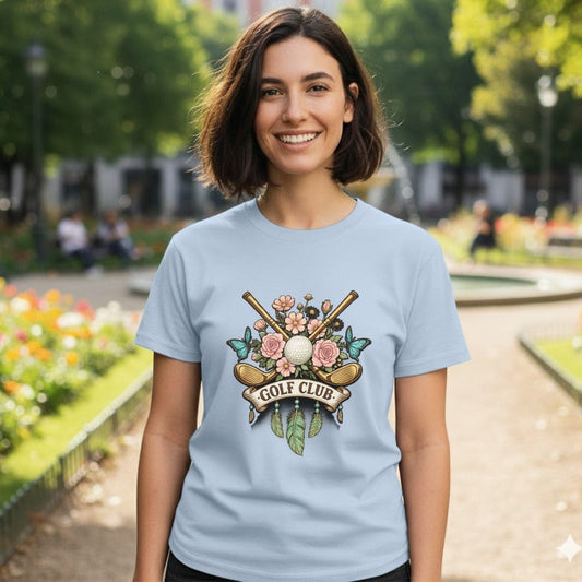 Floral Golf Club Design Print on Casual T-Shirt