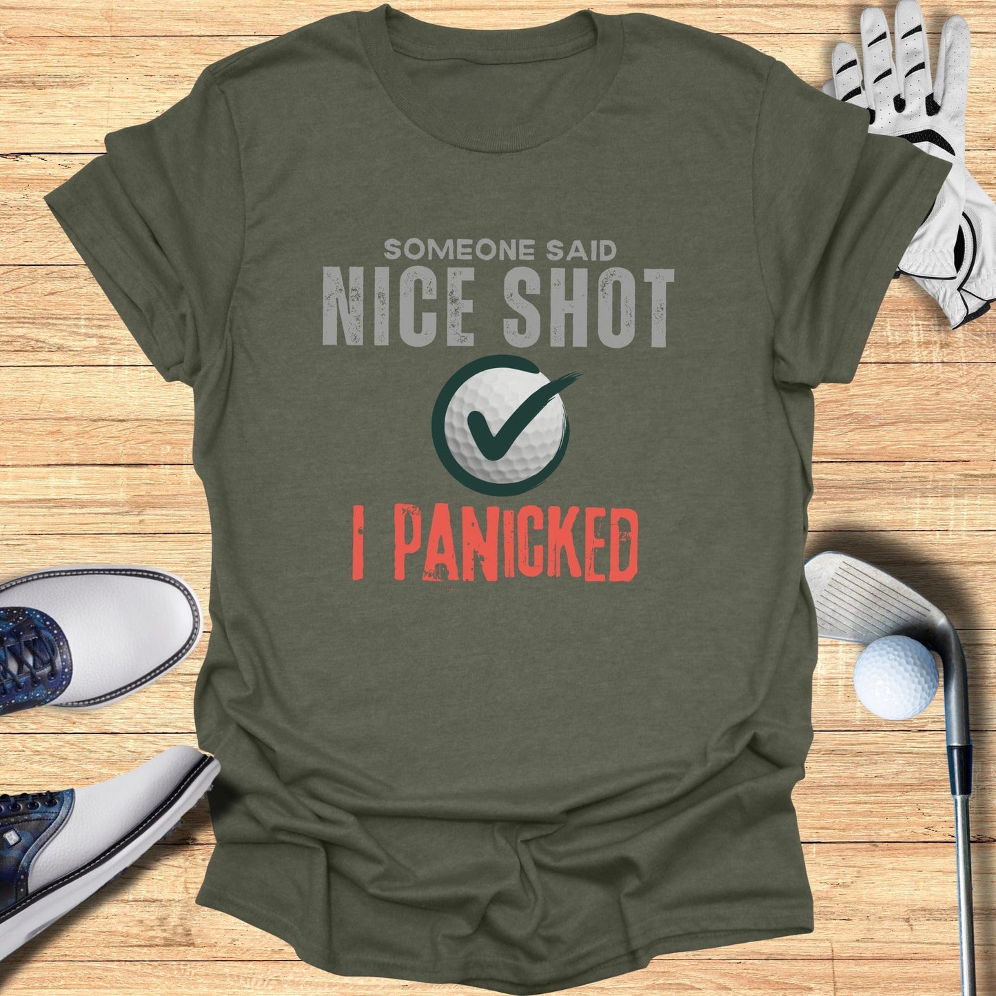 Nice Shot Panic T-Shirt - Funny Golf Tee by Swing Epic
