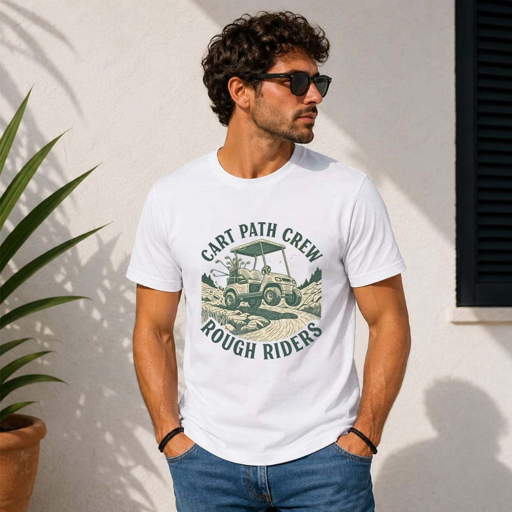 White t-shirt with "Cart Path Crew Rough Riders" and golf cart graphic.