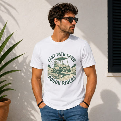 White t-shirt with "Cart Path Crew Rough Riders" and golf cart graphic.