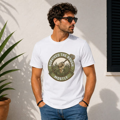 Man wearing white t-shirt with "Survived the Rough Mostly" golf graphic.