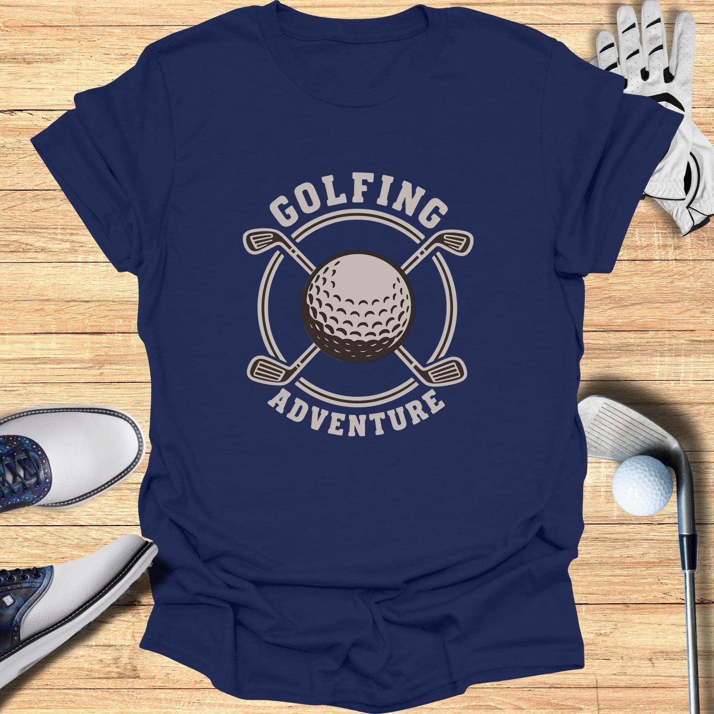 Navy t-shirt with "Golfing Adventure" text and crossed golf clubs around a ball.