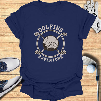 Navy t-shirt with "Golfing Adventure" text and crossed golf clubs around a ball.