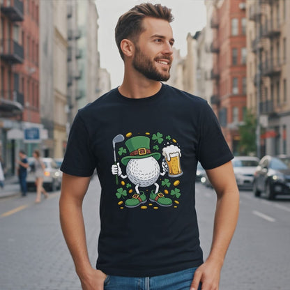 Cartoon golf ball with shamrocks and a beer mug on a dark t-shirt.