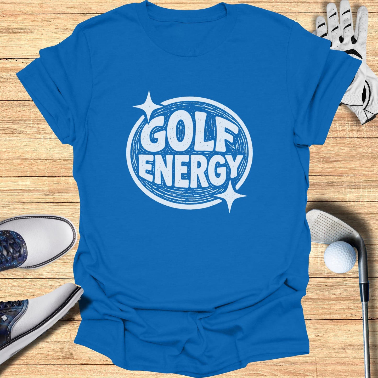 Blue t-shirt with "GOLF ENERGY" in a white circle with starbursts.