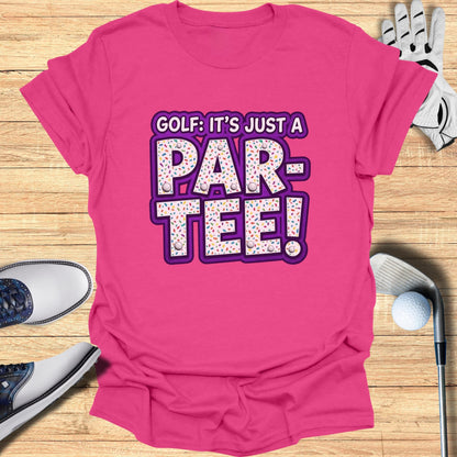Pink t-shirt with "Golf: It's Just a Par-Tee!" text and sprinkles design.