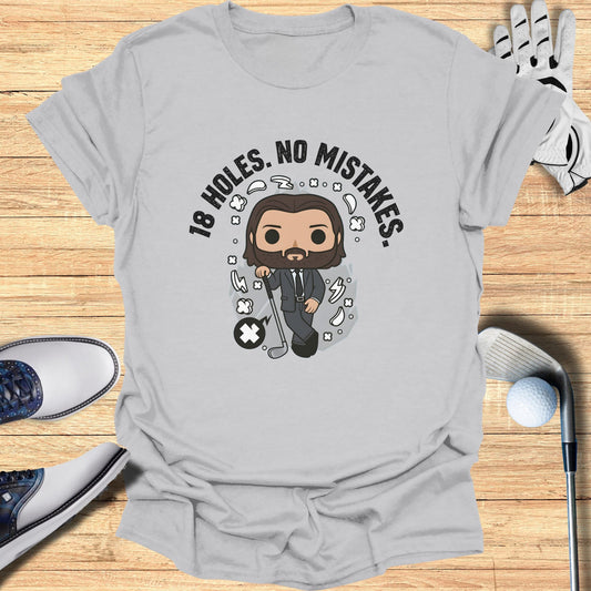 T-shirt with cartoon golfer and "18 HOLES. NO MISTAKES." text.
