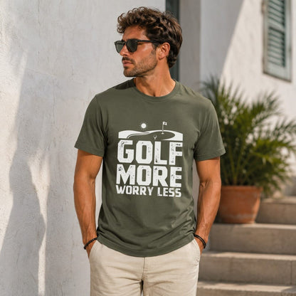 Green t-shirt with "GOLF MORE WORRY LESS" text and golf course graphic.