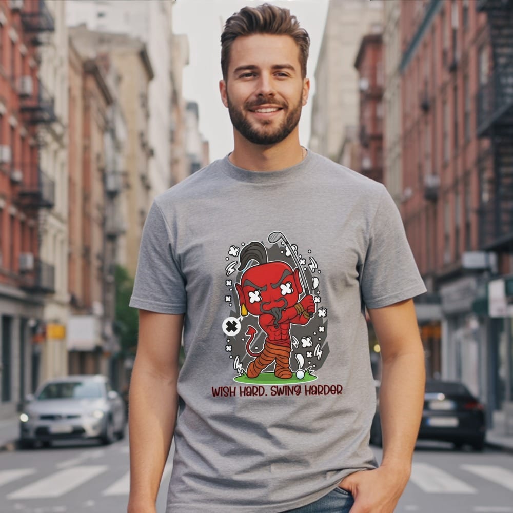 Man in gray t-shirt with cartoon devil golfer and text "WISH HARD. SWING HARDER."