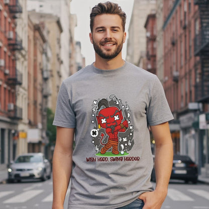 Man in gray t-shirt with cartoon devil golfer and text "WISH HARD. SWING HARDER."