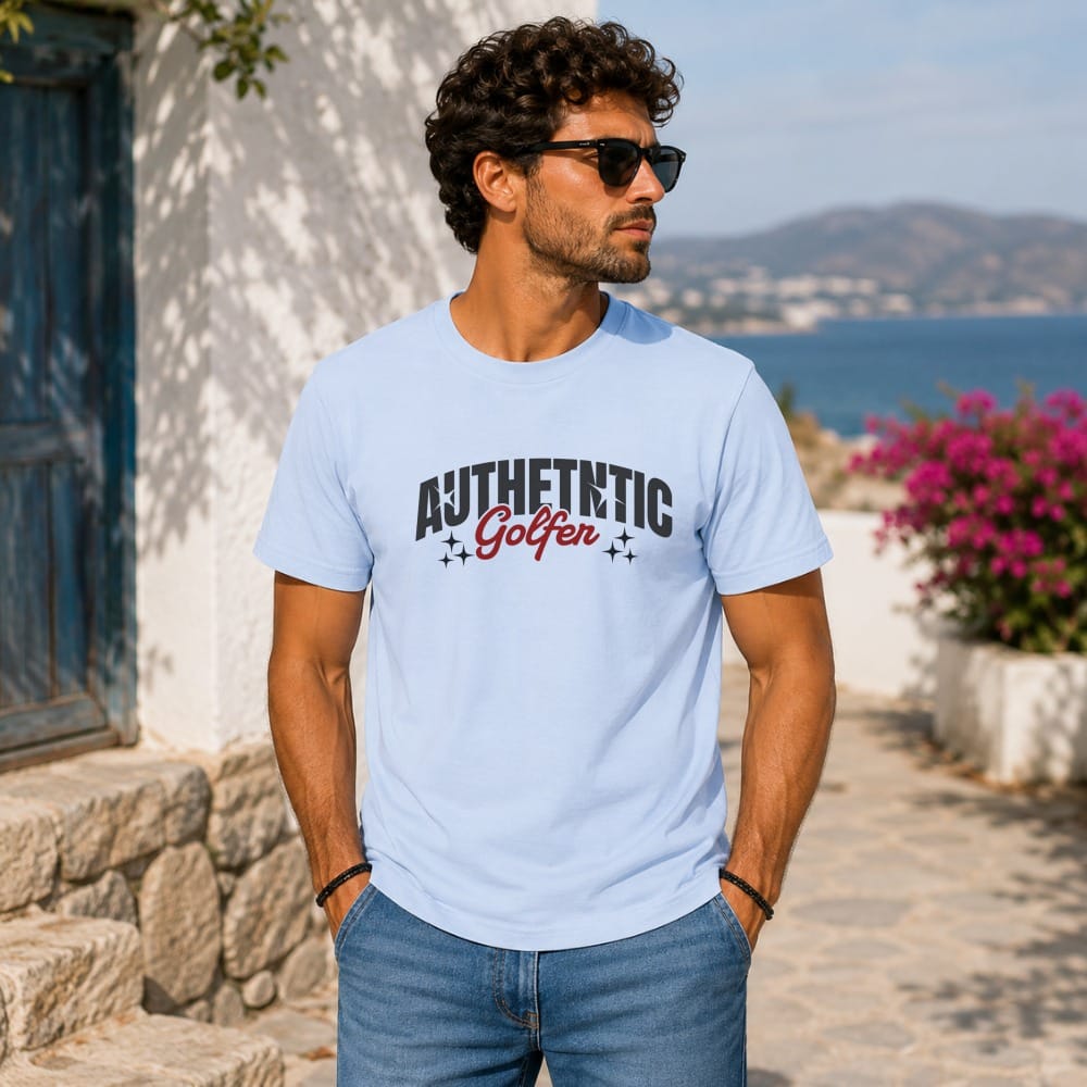 Light blue t-shirt with "AUTHENTIC Golfer" text and star graphics.