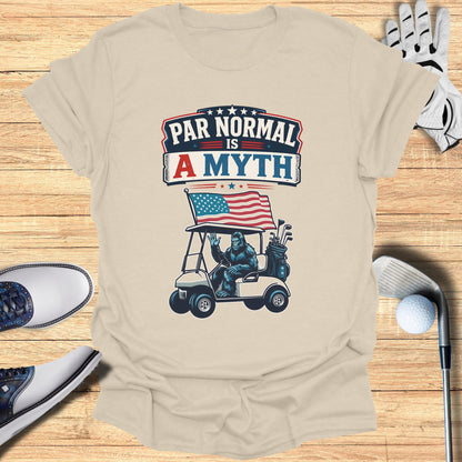 Golf cart with gorilla and American flag, "Par Normal is a Myth" text.