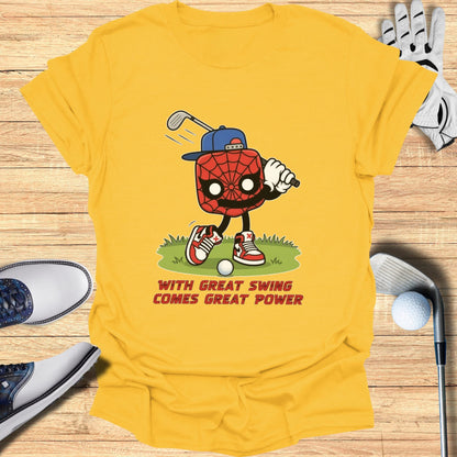 Spider-Man-themed golfer with text "With Great Swing Comes Great Power" on yellow t-shirt.