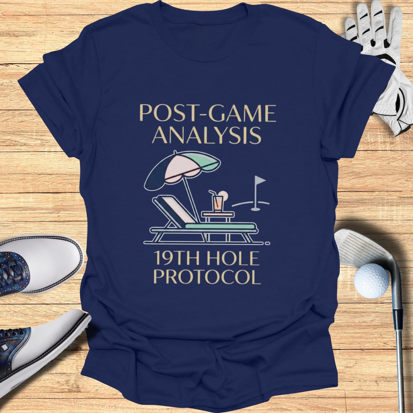 T-shirt with "Post-Game Analysis 19th Hole Protocol" text and golf imagery.