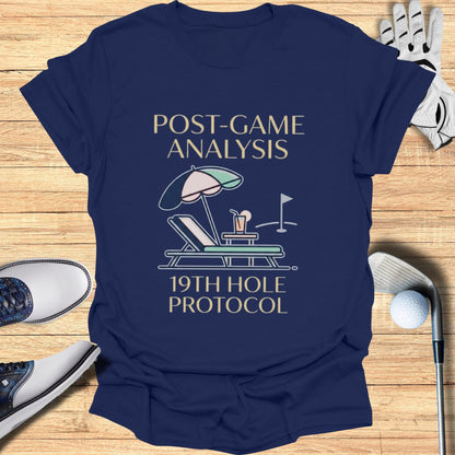 T-shirt with "Post-Game Analysis 19th Hole Protocol" text and golf imagery.