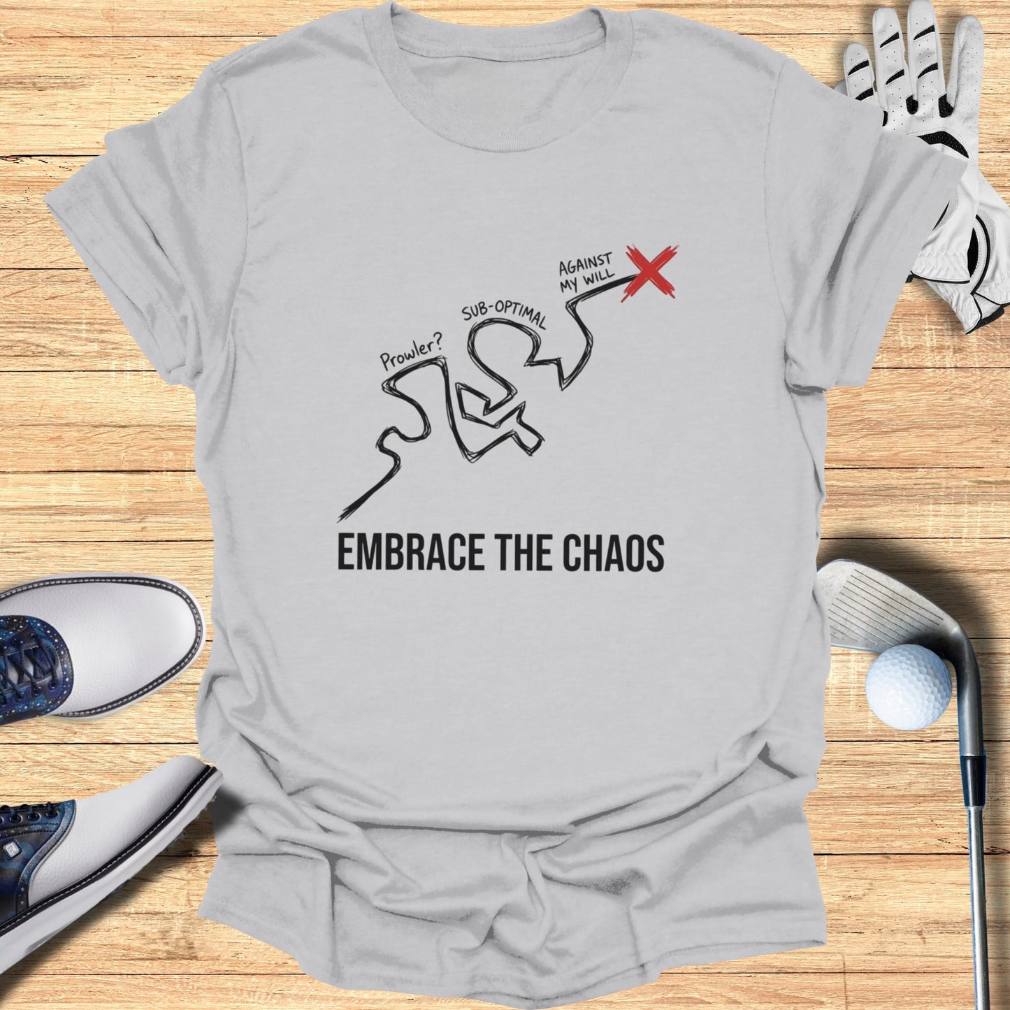 Gray t-shirt with "EMBRACE THE CHAOS" and a drawing of a chaotic line.
