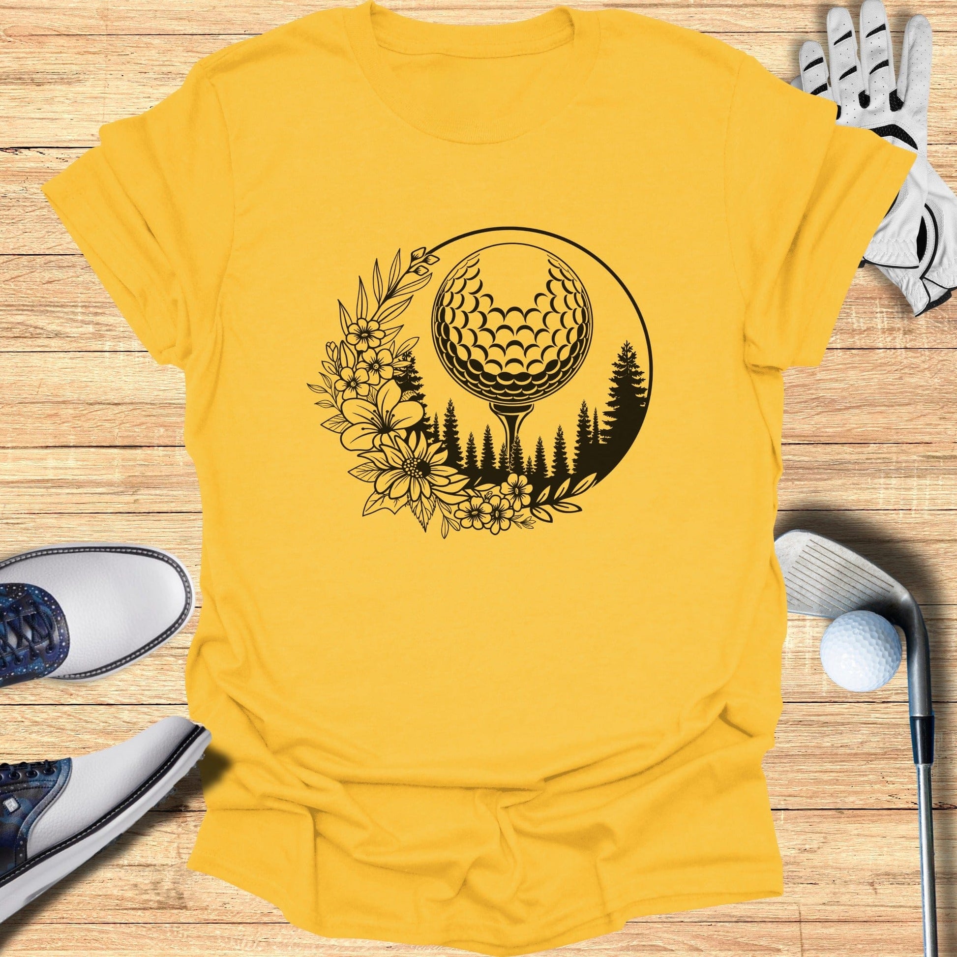 Golf Themed Floral Design Yellow T-Shirt