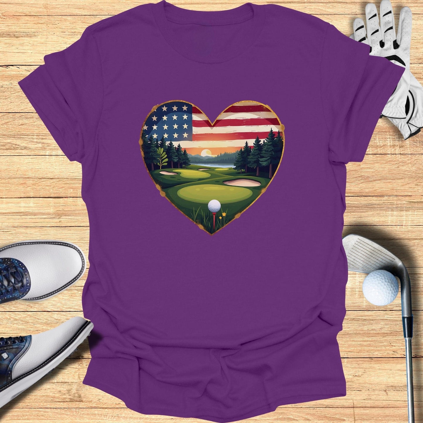 Heart Golf Course USA Flag T-Shirt - Funny Golf Tee by Swing Epic