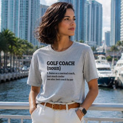 Gray t-shirt with "GOLF COACH (noun)" and related definitions.