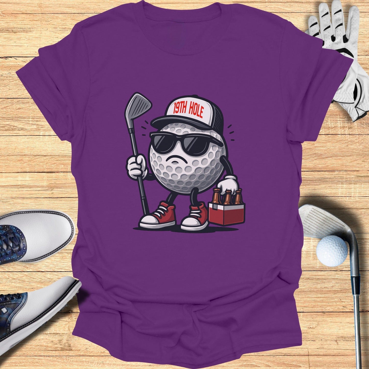 Funny Golf Ball Character in Hat Holding Club T-shirt