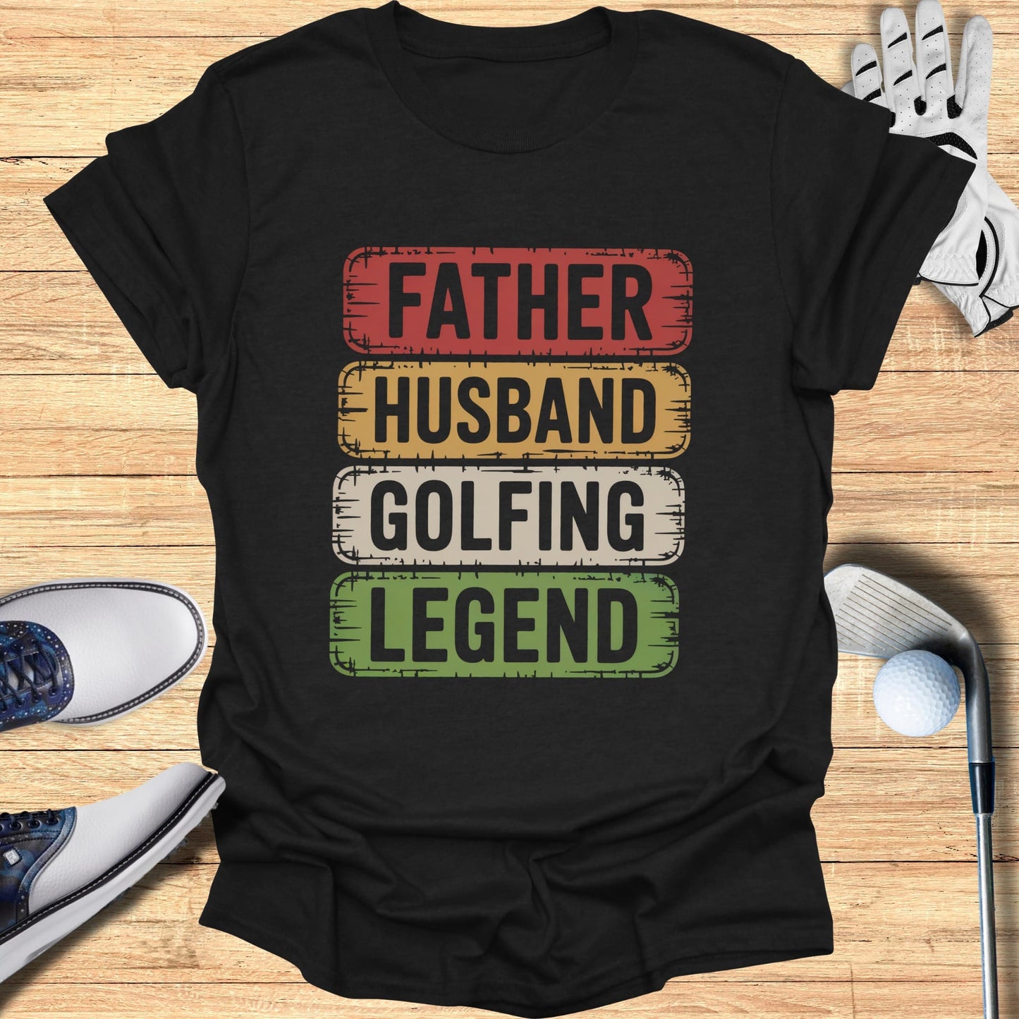 T-shirt with "FATHER HUSBAND GOLFING LEGEND" in colorful retro-style text.