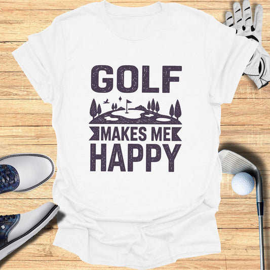 White t-shirt with "GOLF MAKES ME HAPPY" text and golf accessories.
