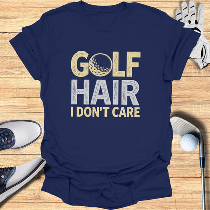 Navy t-shirt with "GOLF HAIR I DON'T CARE" text and a golf ball graphic.