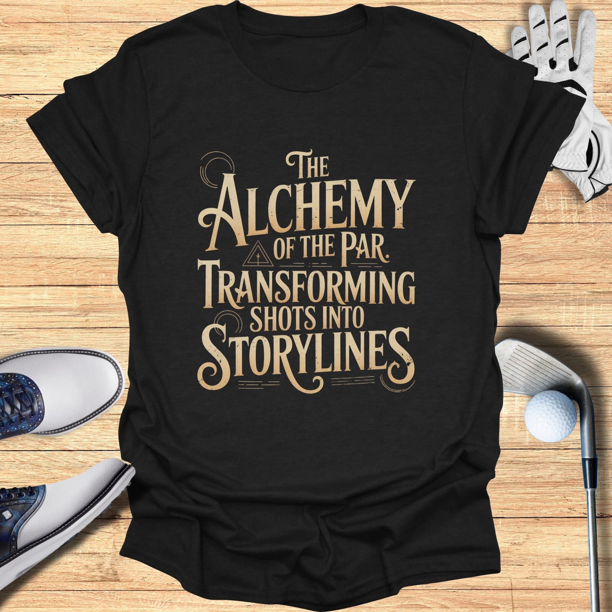 Black t-shirt with "The Alchemy of the Par Transforming Shotlines" text.