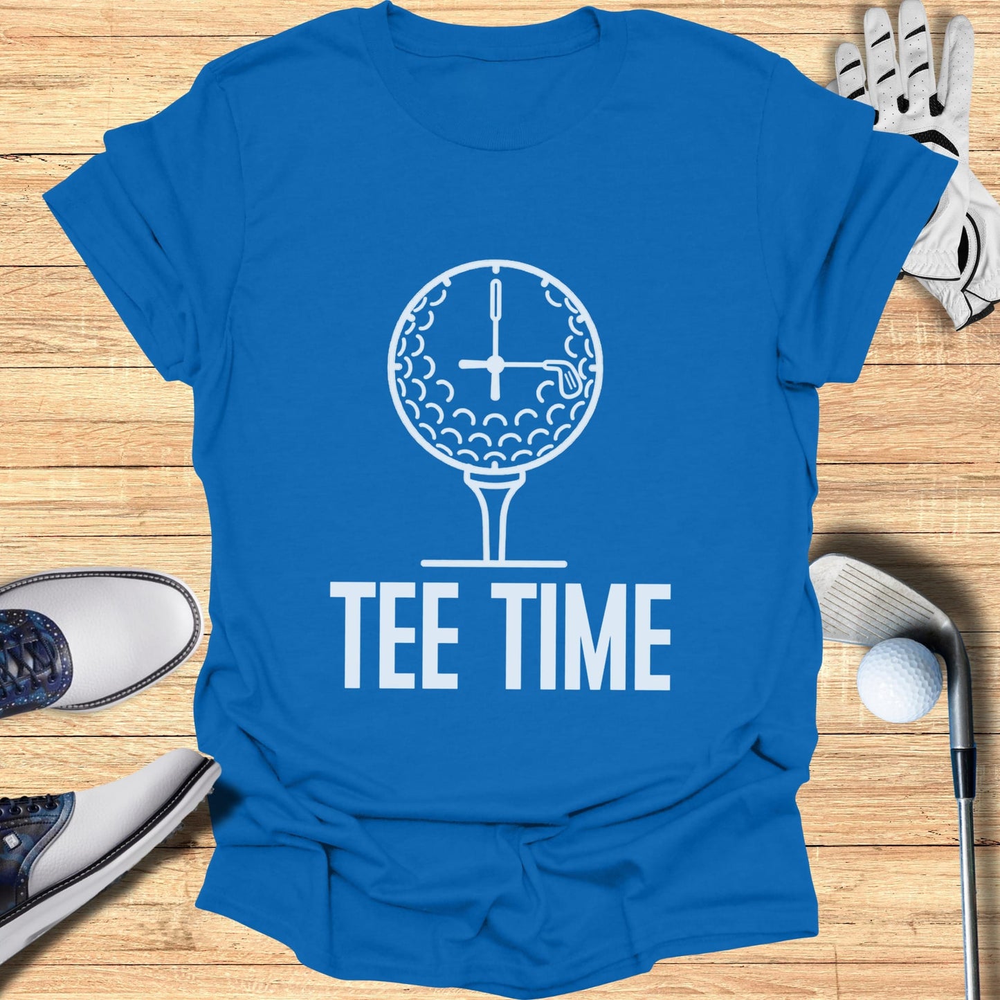 Blue t-shirt with "TEE TIME" and a golf ball clock graphic.