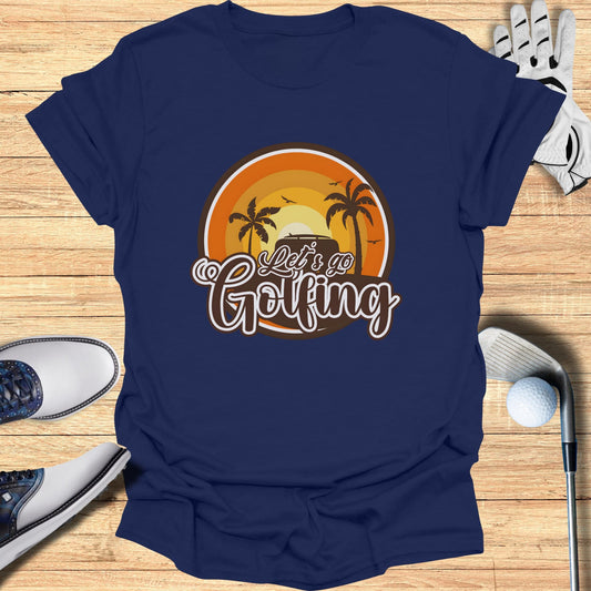 Navy t-shirt with "Let's Go Golfing" text and a sunset graphic.