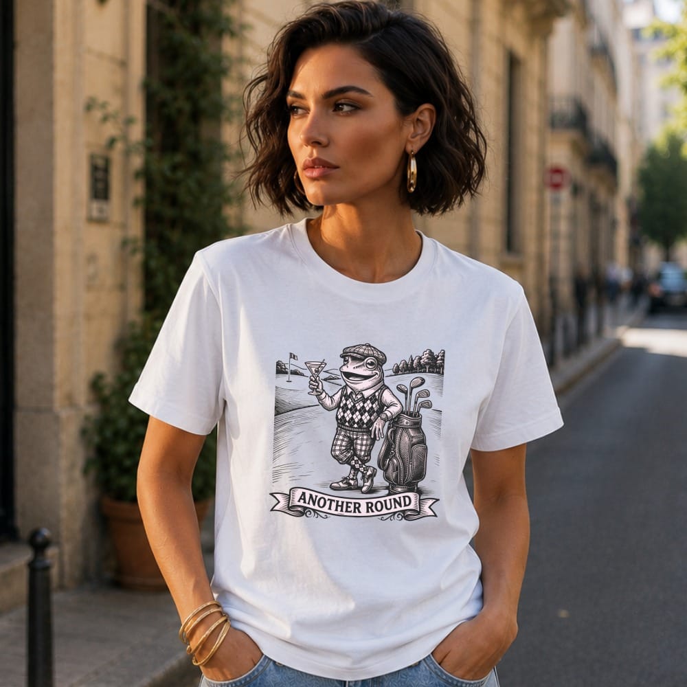 White t-shirt with a cartoon frog golfer and the text "Another Round."