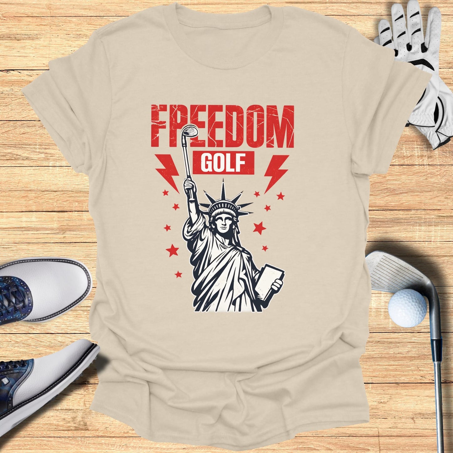 Statue of Liberty holding golf club and book with "FREEDOM GOLF" text.