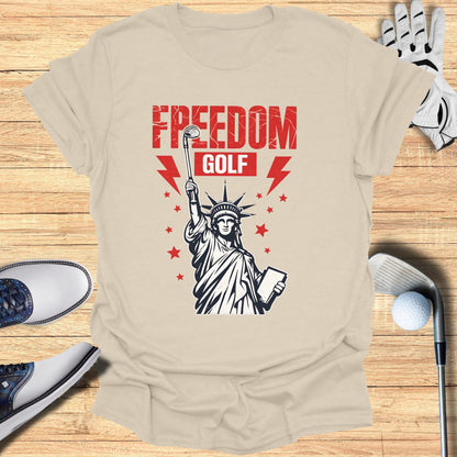 Statue of Liberty holding golf club and book with "FREEDOM GOLF" text.