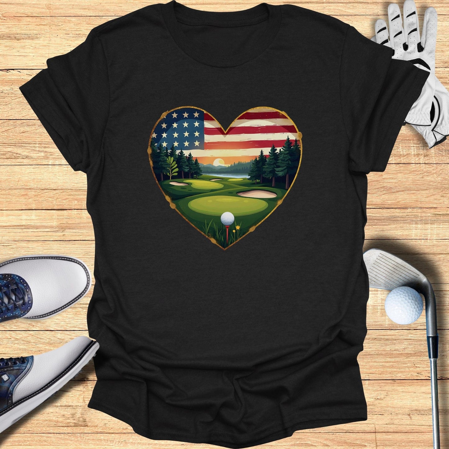 Heart Golf Course USA Flag T-Shirt - Funny Golf Tee by Swing Epic
