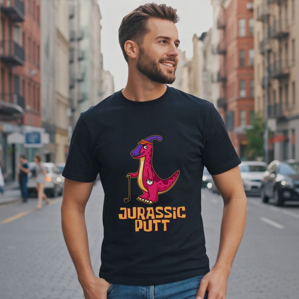 Dinosaur wearing golf attire, holding a golf club, with "Jurassic Putt" text.