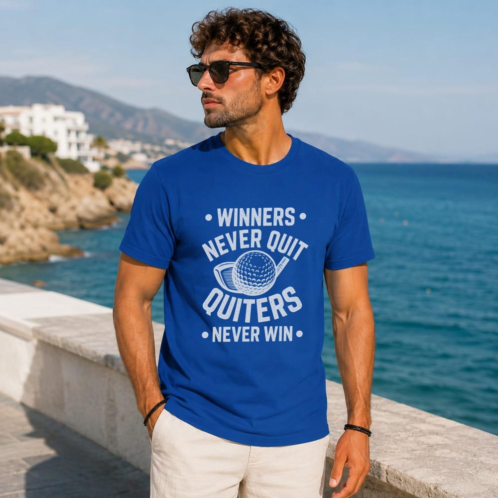 Blue t-shirt with "Winners never quit quitters never win" and golf ball.