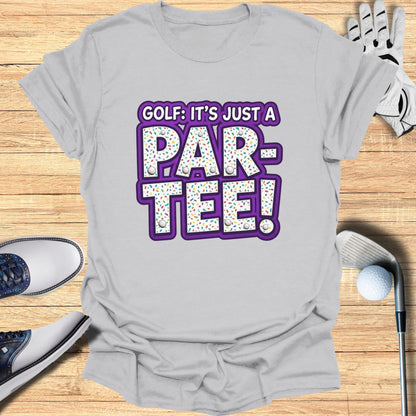 Golf shirt with "GOLF: IT'S JUST A PAR-TEE!" text and sprinkles.