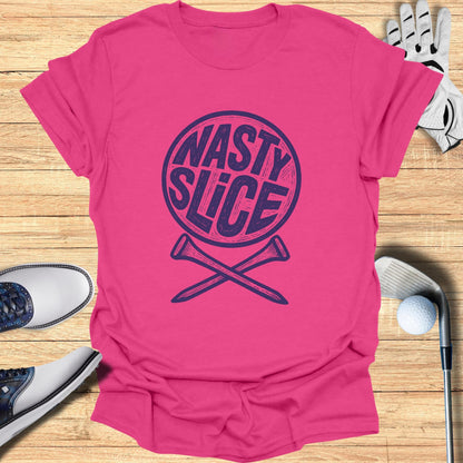 Pink t-shirt with "NASTY SLICE" and crossed golf tees graphic.