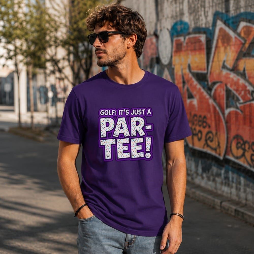Purple t-shirt with text "GOLF: IT'S JUST A PAR-TEE!" and confetti design.