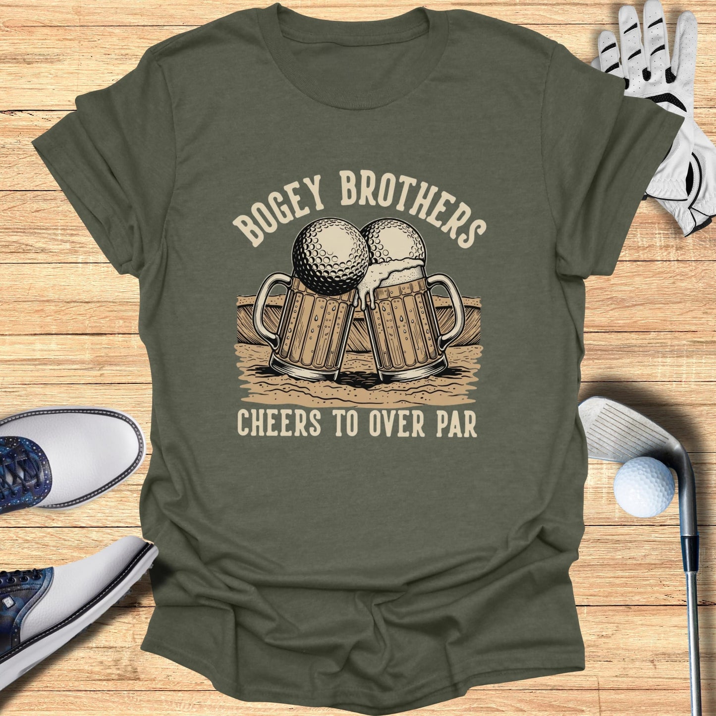 Two beer mugs with golf balls on top, "Bogey Brothers Cheers to Over Par" text.