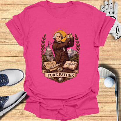 George Washington swings a golf club with "Fore Father" text and Capitol building illustration.