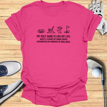 T-shirt with golf-themed graphic and humorous text about life.