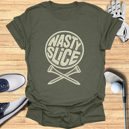Olive t-shirt with "Nasty Slice" text and crossed golf tees.