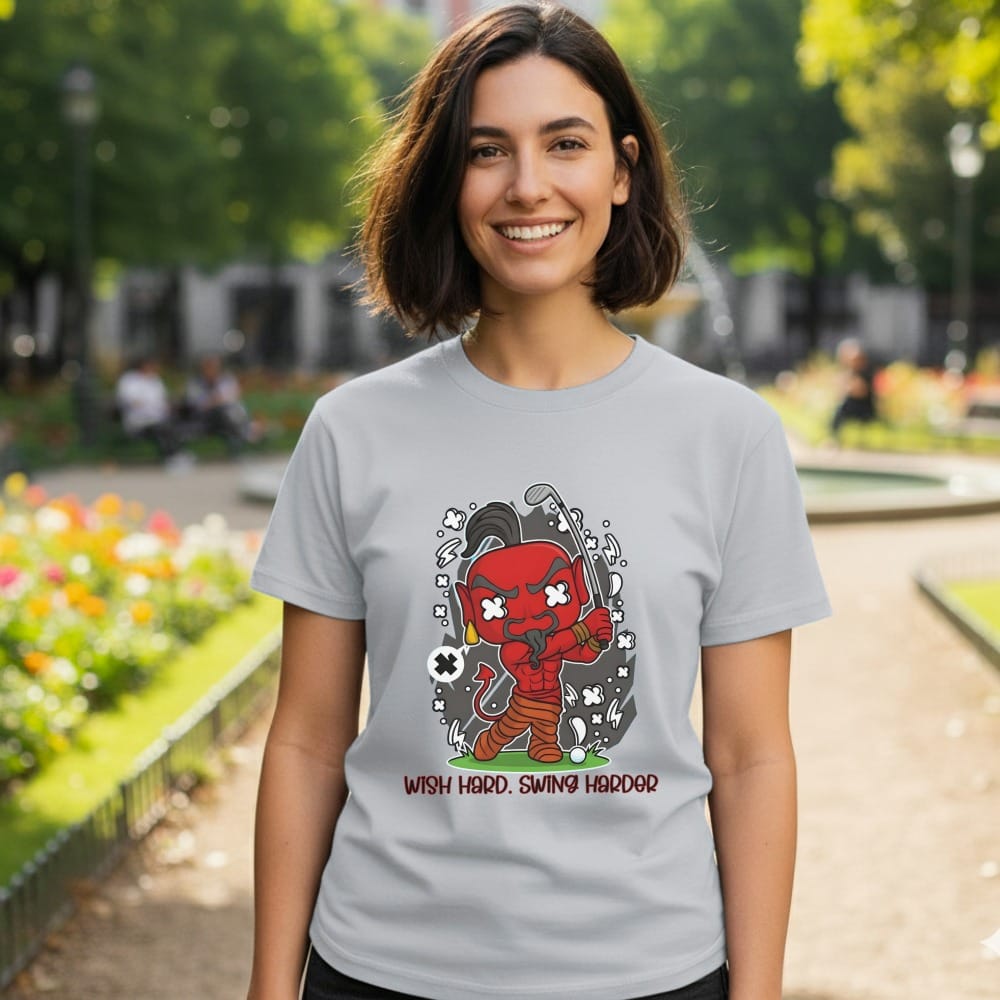 Gray t-shirt with cartoon devil golfer graphic and "Wish Hard. Swing Harder." text.