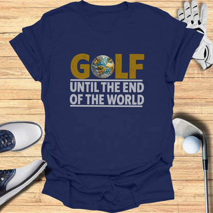 Navy t-shirt with "GOLF UNTIL THE END OF THE WORLD" and globe graphic.