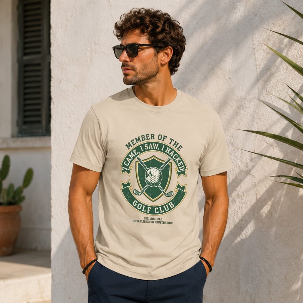 Men's tan t-shirt with "I Came, I Saw, I Hacked" golf club graphic.